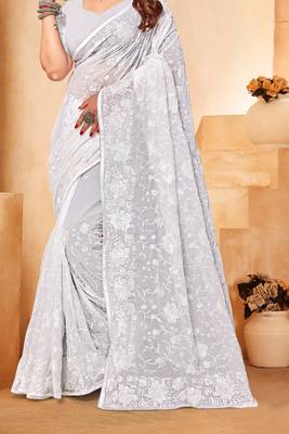 White Zari Resham Embroidered Georgette Party Wear Saree With Blouse Piece 4