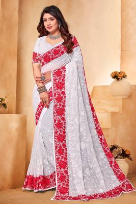 Red White Zari Resham Embroidered Georgette Party Wear Saree With Blouse Piece 1