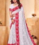 Red White Zari Resham Embroidered Georgette Party Wear Saree With Blouse Piece