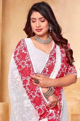 Red White Zari Resham Embroidered Georgette Party Wear Saree With Blouse Piece