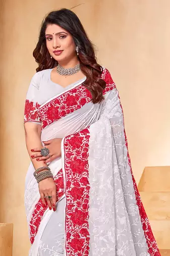 Red White Zari Resham Embroidered Georgette Party Wear Saree With Blouse Piece