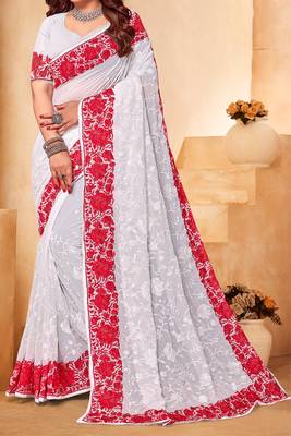Red White Zari Resham Embroidered Georgette Party Wear Saree With Blouse Piece 4