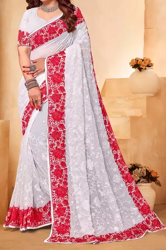 Red White Zari Resham Embroidered Georgette Party Wear Saree With Blouse Piece