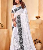 Black And White Zari Resham Embroidered Georgette Party Wear Saree With Blouse Piece