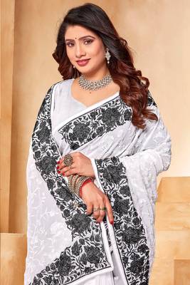 Black And White Zari Resham Embroidered Georgette Party Wear Saree With Blouse Piece 2