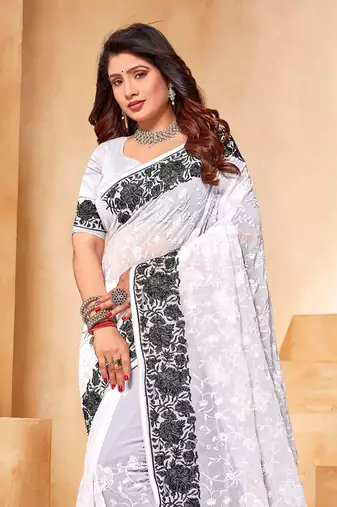 Black And White Zari Resham Embroidered Georgette Party Wear Saree With Blouse Piece