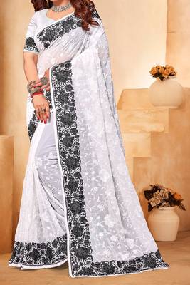 Black And White Zari Resham Embroidered Georgette Party Wear Saree With Blouse Piece 4