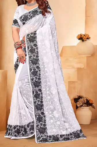 Black And White Zari Resham Embroidered Georgette Party Wear Saree With Blouse Piece