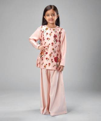 Pink chanderi printed short kurti set 1