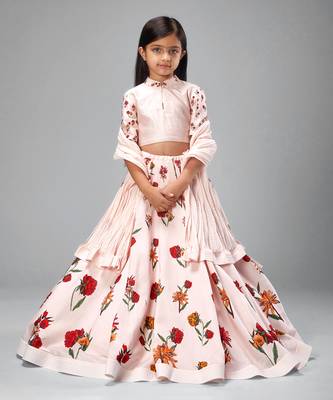 Pink chanderi printed  lehanga set 1