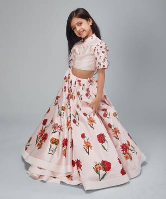 Pink chanderi printed  lehanga set 2