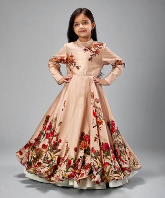 Beige chanderi printed floor length anarkali 1