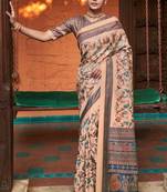 Cream Digital Print Soft Silk Blend Saree With Blouse