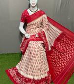 White Digital Print Soft Linen Ikkat Saree With Blouse