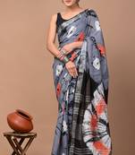 Multicolor Digital Print Soft Linen Shibori Saree With Blouse