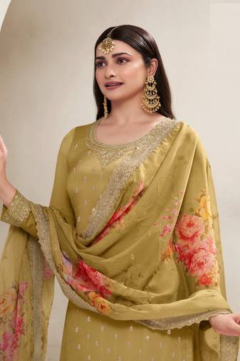 Mustard embroidered chinon semi palazzo salwar suit
