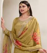 Mustard embroidered chinon semi palazzo salwar suit