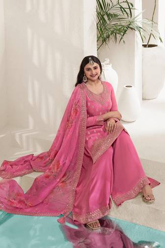 Pink embroidered chinon semi palazzo salwar suit