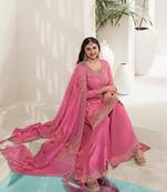 Pink embroidered chinon semi palazzo salwar suit