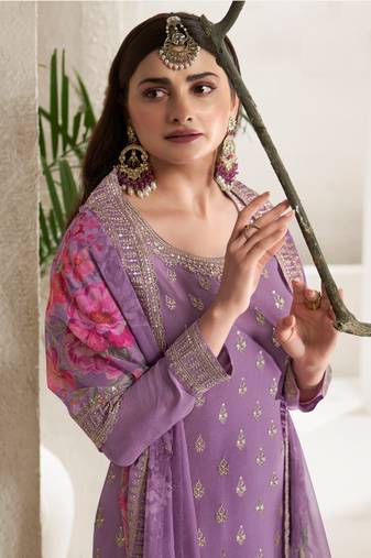 Purple embroidered chinon semi palazzo salwar suit