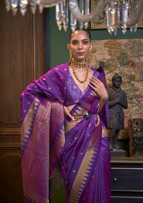 Rajtex Purple Woven Zari Silk Saree With Blouse 2