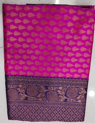 Pink & Blue Zari Woven Faux Faux Kanjivaram Silk Saree With Blouse Piece 6