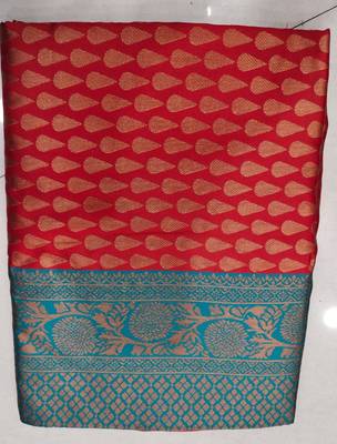 Red & Green Zari Woven Faux Faux Kanjivaram Silk Saree With Blouse Piece 6