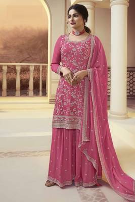 Pink embroidered chinon palazzo salwar suit 1