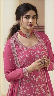 Pink embroidered chinon palazzo salwar suit 2