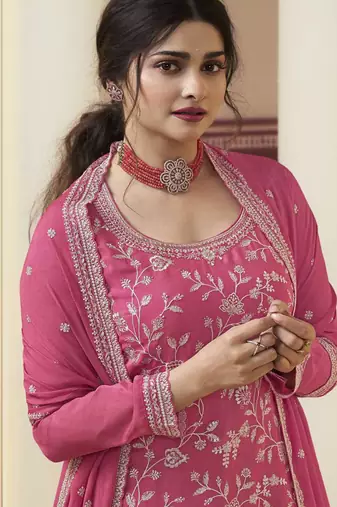 Pink embroidered chinon palazzo salwar suit
