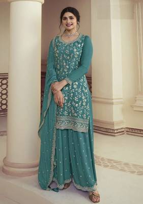 Sky embroidered chinon palazzo salwar suit 1