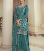 Sky embroidered chinon semi palazzo salwar suit