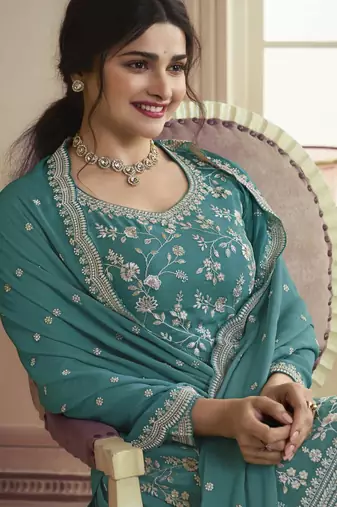Sky embroidered chinon palazzo salwar suit