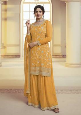 Yellow embroidered chinon palazzo salwar suit 1