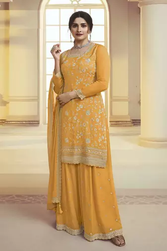 Yellow embroidered chinon semi stitched palazzo salwar suit
