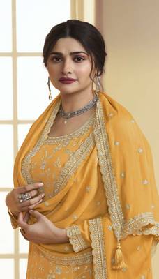 Yellow embroidered chinon palazzo salwar suit 2
