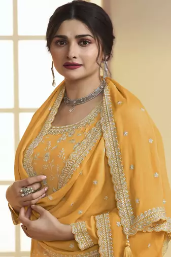 Yellow embroidered chinon palazzo salwar suit