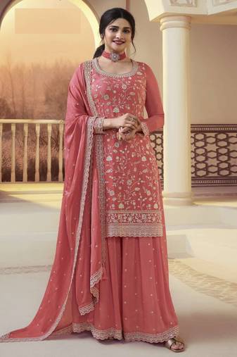 Orange embroidered chinon semi stitched palazzo salwar suit
