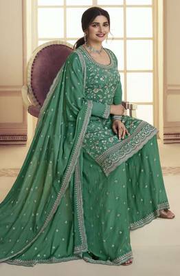 Green embroidered chinon palazzo salwar suit 1