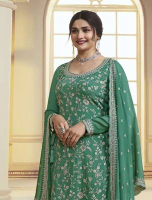 Green embroidered chinon palazzo salwar suit 2