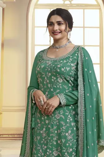 Green embroidered chinon palazzo salwar suit
