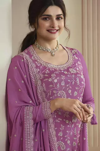 Purple embroidered chinon palazzo salwar suit