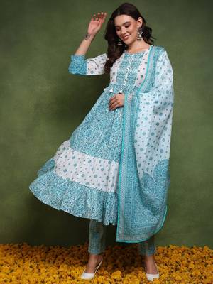 women blue and white pure cotton ethnic motifs printed anarkali kurta trouser with dupatta 1