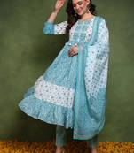 women blue and white pure cotton ethnic motifs printed anarkali kurta trouser with dupatta
