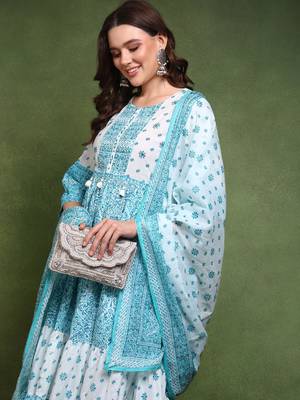 women blue and white pure cotton ethnic motifs printed anarkali kurta trouser with dupatta 2