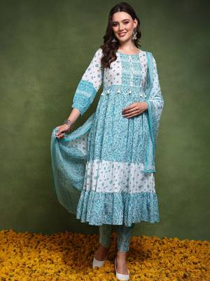 women blue and white pure cotton ethnic motifs printed anarkali kurta trouser with dupatta 3