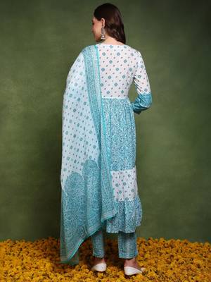 women blue and white pure cotton ethnic motifs printed anarkali kurta trouser with dupatta 4