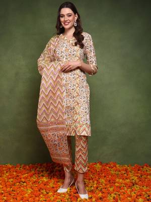women white and yellow pure cotton floral printed straight kurta trouser with dupatta 1