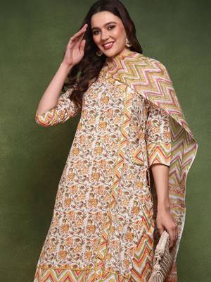 women white and yellow pure cotton floral printed straight kurta trouser with dupatta 2