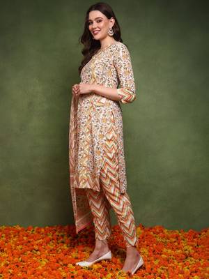 women white and yellow pure cotton floral printed straight kurta trouser with dupatta 3